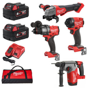 Milwaukee 18v 4 Piece Kit Combi Drill, Impact Driver, Hammer Drill & Angle Grinder - 2 x 5.0ah Batteries, Charger & Bag