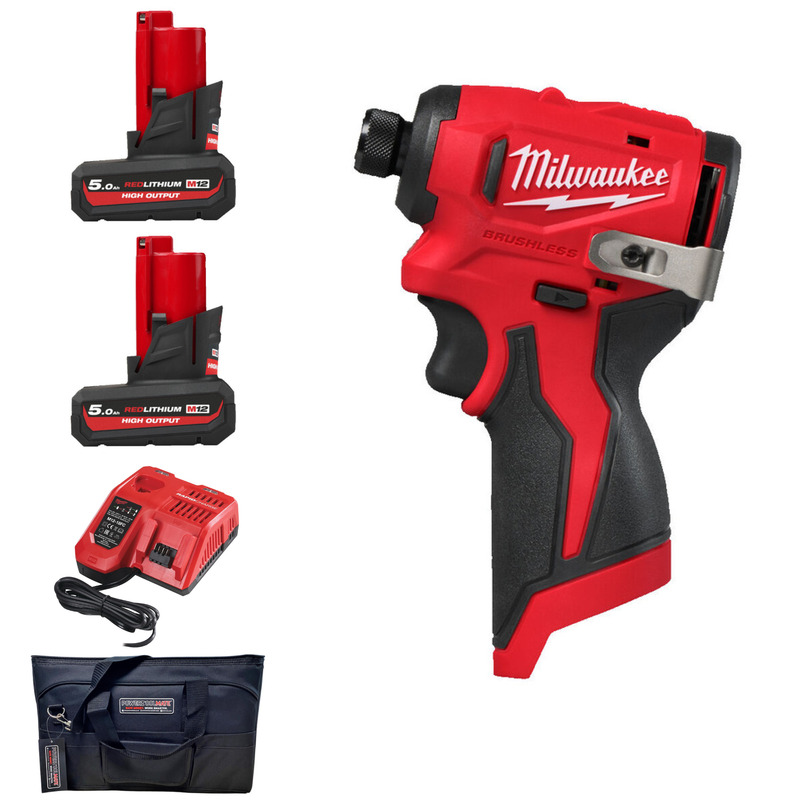 Milwaukee M12BLIDRC-0 12v Compact Brushless Impact Driver - 2 x 5.0ah High Output Batteries, Charger & PTM Bag