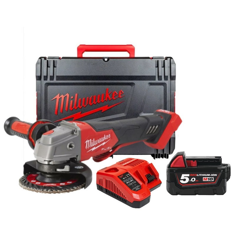 Milwaukee M18FSAGV115XPDB-501X 18v Fuel 115mm Braking Angle Grinder Kit, 1 x 5.0Ah Battery, Charger, Case